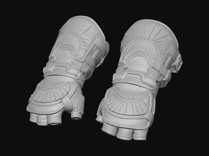 3D model for A pair of heavy, multi-layered gauntlets, combining distressed dark leather with bone-colored composite plating that features a subtle radial pattern on the forearms. Gold-painted details on functional joints and reinforced muted-green fabric straps add contrast. These protective armaments possess a sturdy, battle-hardened utility fused with a tribal-tech fashion statement.