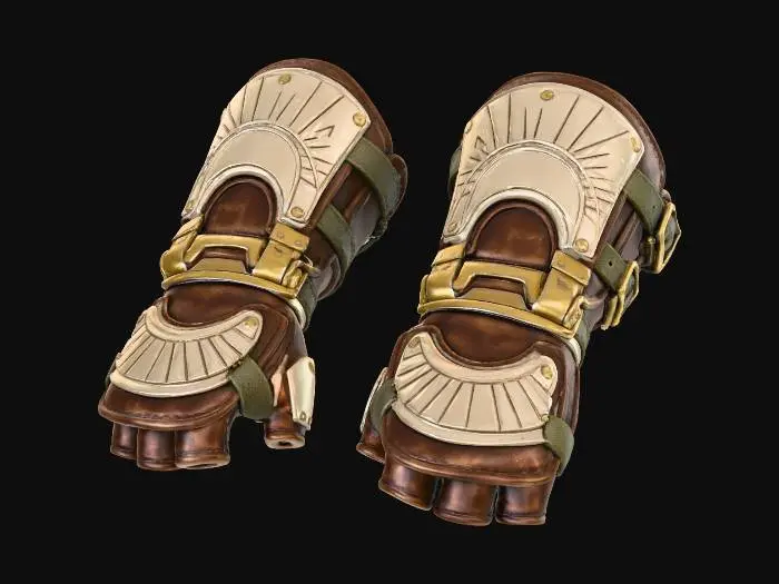 3D model for A pair of heavy, multi-layered gauntlets, combining distressed dark leather with bone-colored composite plating that features a subtle radial pattern on the forearms. Gold-painted details on functional joints and reinforced muted-green fabric straps add contrast. These protective armaments possess a sturdy, battle-hardened utility fused with a tribal-tech fashion statement.