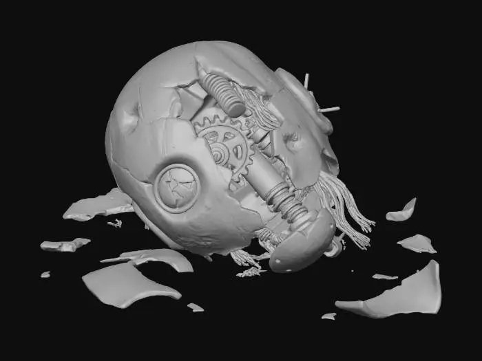 3D model for A derelict automaton or robot head, broken off from its body, lying on the ground. Its primary casing is light grey, cracked composite material, revealing dark internal mechanisms and tangled gold-colored wires. A single, shattered optical sensor emits a dying, intermittent purple glow. Rust, dirt, and severe impact damage cover its surface, portraying a sense of abandonment and past conflict.