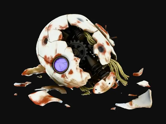 3D model for A derelict automaton or robot head, broken off from its body, lying on the ground. Its primary casing is light grey, cracked composite material, revealing dark internal mechanisms and tangled gold-colored wires. A single, shattered optical sensor emits a dying, intermittent purple glow. Rust, dirt, and severe impact damage cover its surface, portraying a sense of abandonment and past conflict.
