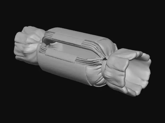 3D model for A **"Christmas Cracker" utility container**, a **gnarled, pale wood cylinder** wrapped in **light grey synthetic fabric** with **bold, faded rose-pink and khaki striped patterns**. It features **glowing fuchsia activation runes** and **exposed dark carbon fiber wiring**, designed to split open for storage. A functional and distinctly festive storage unit. #Christmas2025#