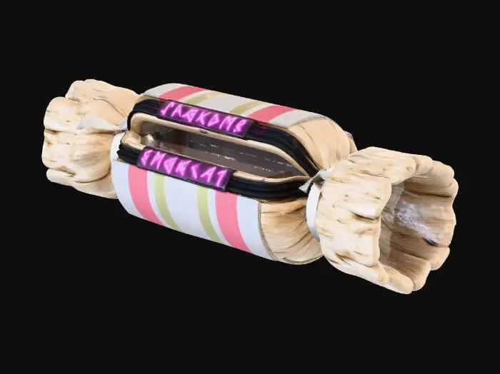 3D model for A **"Christmas Cracker" utility container**, a **gnarled, pale wood cylinder** wrapped in **light grey synthetic fabric** with **bold, faded rose-pink and khaki striped patterns**. It features **glowing fuchsia activation runes** and **exposed dark carbon fiber wiring**, designed to split open for storage. A functional and distinctly festive storage unit. #Christmas2025#