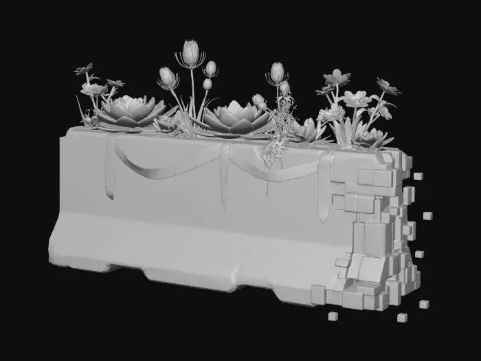 3D model for A desolate, concrete traffic barrier, scarred with faded graffiti and dissolving into chunks of vibrant, glitching pixels. Adorning its top is a defiant botanical display: robust, artificial succulents with glowing edges, real thorny thistles, and clusters of bright yellow synthetic flowers with integrated LEDs. Thick, frayed warning tapes drape amidst the flora, creating a stark visual of urban decay, digital life, and resilient plants.