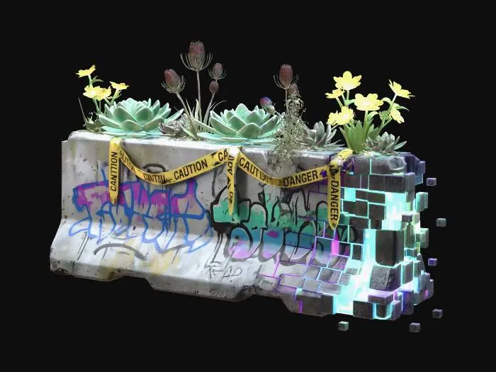 3D model for A desolate, concrete traffic barrier, scarred with faded graffiti and dissolving into chunks of vibrant, glitching pixels. Adorning its top is a defiant botanical display: robust, artificial succulents with glowing edges, real thorny thistles, and clusters of bright yellow synthetic flowers with integrated LEDs. Thick, frayed warning tapes drape amidst the flora, creating a stark visual of urban decay, digital life, and resilient plants.
