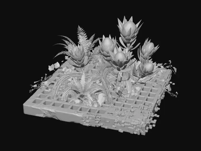 3D model for An urban jungle installation, built upon a heavy, cast-iron grate that glitches into a digital mosaic. Lush, real green ferns and ivy intertwine with thick bundles of multicolored fiber optic cables. Scattered among them are artificial, spiky protea flowers made from recycled plastic, with centers that softly pulse with light. This creates a texture mix of rough metal, soft foliage, and rigid, glowing plastic.