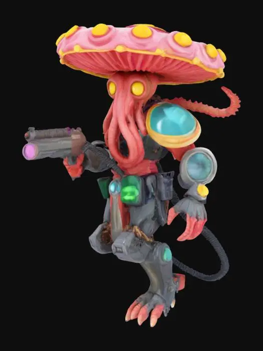 3D model for a cyberpunk style cthulhu warrior #game figure# wearing mushroom hat, dynamic pose pointing a gun, cyberpunk aesthetic, vibrant color, glowing lines, beautiful armor, giving a sci-fi feel