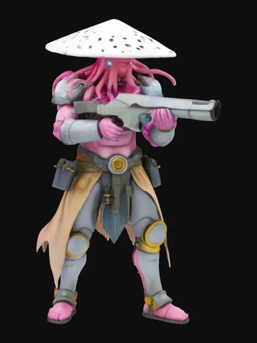 3D model for a cyberpunk style cthulhu warrior #game figure# wearing mushroom hat, dynamic pose pointing a gun, cyberpunk aesthetic, vibrant color, glowing lines, beautiful armor, giving a sci-fi feel