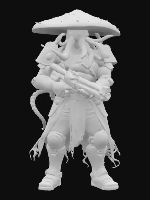3D model for a cyberpunk style cthulhu warrior #game figure# wearing mushroom hat, dynamic pose pointing a gun, cyberpunk aesthetic, vibrant color, glowing lines, beautiful armor, giving a sci-fi feel, #game figure#