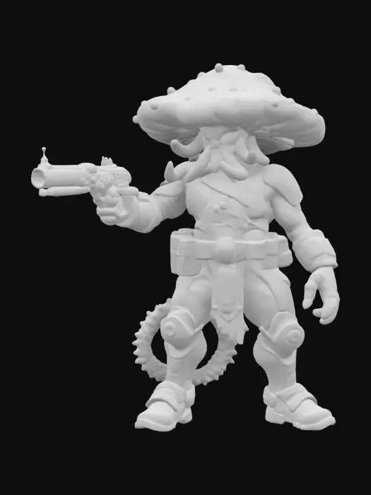 3D model for a cyberpunk style cthulhu warrior #game figure# wearing mushroom hat, dynamic pose pointing a gun, cyberpunk aesthetic, vibrant color, glowing lines, beautiful armor, giving a sci-fi feel