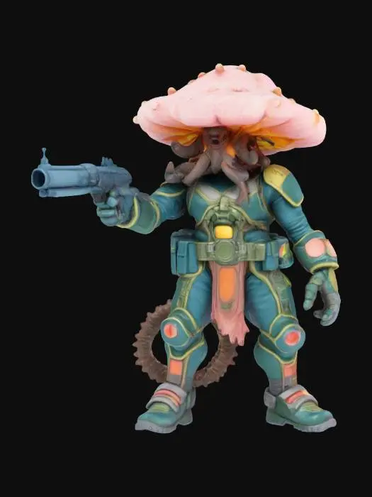 3D model for a cyberpunk style cthulhu warrior #game figure# wearing mushroom hat, dynamic pose pointing a gun, cyberpunk aesthetic, vibrant color, glowing lines, beautiful armor, giving a sci-fi feel
