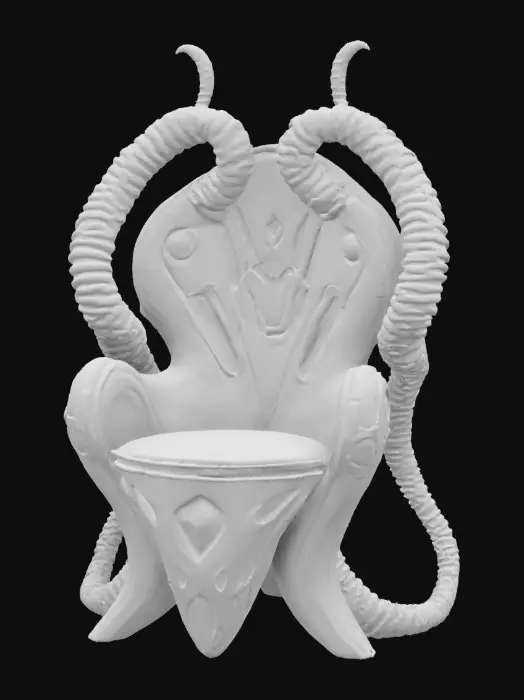 3D model for a futuristic chair inspired by Ghost in the Shell and Medusa, exaggerated features such as spiraled tentacles horns, sharp angles, fierce and otherworldly, pale alien-like bio-skin, glowing neon green highlights certain areas, bioluminescence, sci-fi, cyberpunk, intricate markings and symbols, ceremonial or technological deco, high-tech or fantasy-inspired gear, possibly tied to a futuristic or mystical theme. 