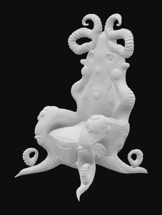 3D model for a futuristic chair inspired by Ghost in the Shell and Medusa, exaggerated features such as spiraled tentacles horns, sharp angles, fierce and otherworldly, flesh-toned mix ashen bio-skin, glowing neon green highlights certain areas, bioluminescence, sci-fi, cyberpunk, intricate markings and symbols, ceremonial or technological deco, high-tech or fantasy-inspired gear, futuristic or mystical theme