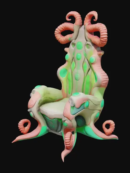 3D model for a futuristic chair inspired by Ghost in the Shell and Medusa, exaggerated features such as spiraled tentacles horns, sharp angles, fierce and otherworldly, flesh-toned mix ashen bio-skin, glowing neon green highlights certain areas, bioluminescence, sci-fi, cyberpunk, intricate markings and symbols, ceremonial or technological deco, high-tech or fantasy-inspired gear, futuristic or mystical theme