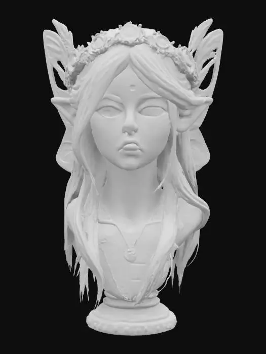 3D model for a steampunk #fairy# bust, blonde long hair, bio-mechanical wings, wearing a wreath crown, elf ears, elegant gentle face, glowing sparkles highlights certain areas, warm tone, sci-fi, cyberpunk, intricate markings and symbols, futuristic tribal tattoo, ceremonial or technological deco, high-tech or fantasy-inspired gear, futuristic or mystical theme