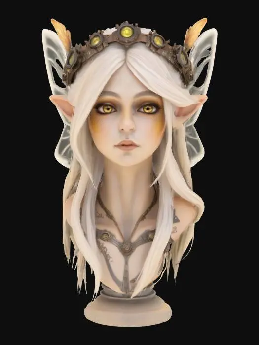 3D model for a steampunk #fairy# bust, blonde long hair, bio-mechanical wings, wearing a wreath crown, elf ears, elegant gentle face, glowing sparkles highlights certain areas, warm tone, sci-fi, cyberpunk, intricate markings and symbols, futuristic tribal tattoo, ceremonial or technological deco, high-tech or fantasy-inspired gear, futuristic or mystical theme