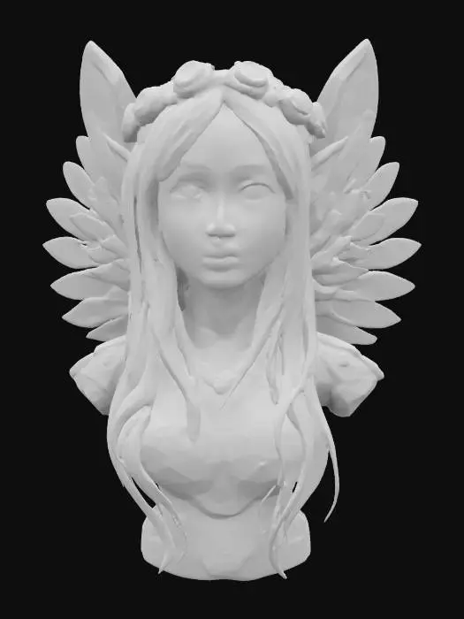 3D model for a futuristic robot #fairy# bust, blonde long hair, bio-mechanical wings, wearing a wreath crown, elf ears, elegant gentle face, glowing sparkles highlights certain areas, warm tone, sci-fi, cyberpunk, intricate markings and symbols, or kinds of futuristic tribal tattoo, ceremonial or technological deco, high-tech or fantasy-inspired gear, futuristic or mystical theme
