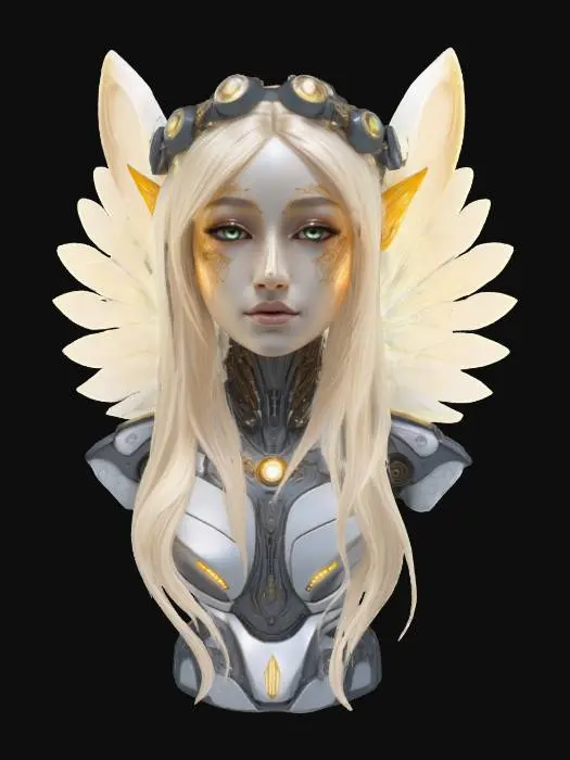 3D model for a futuristic robot #fairy# bust, blonde long hair, bio-mechanical wings, wearing a wreath crown, elf ears, elegant gentle face, glowing sparkles highlights certain areas, warm tone, sci-fi, cyberpunk, intricate markings and symbols, or kinds of futuristic tribal tattoo, ceremonial or technological deco, high-tech or fantasy-inspired gear, futuristic or mystical theme