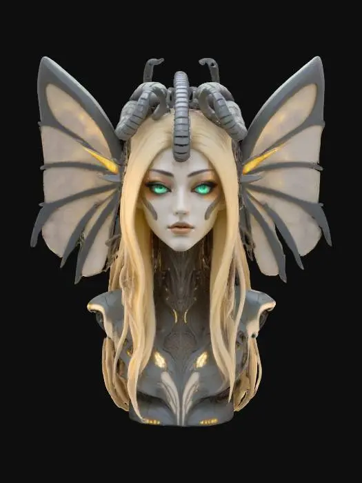 3D model for a futuristic robot #fairy# bust  inspired by Ghost in the Shell and Medusa, blonde long hair, bio-mechanical wings, wearing a wreath crown made of spiraled tentacles, elf ears, fierce and otherworldly face, glowing sparkles highlights certain areas, warm tone, sci-fi, cyberpunk, intricate markings and symbols, or kinds of futuristic tribal tattoo, ceremonial or technological deco, high-tech or fantasy-inspired gear, futuristic or mystical theme