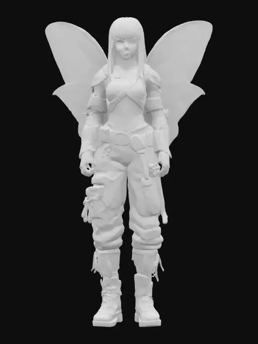 3D model for a teen female faerie. she has pale blue moth wings. she has long straight black hair. her bangs coves one eye and side of her face. she wears leather armor with straps and tools for holding steampunk machine tools. she wears heavy buckled boots. the background is a fantasy workshop. full body view full body. fantasy drawing style., #fairy#