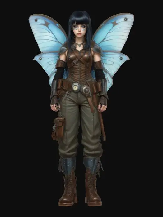 3D model for a teen female faerie. she has pale blue moth wings. she has long straight black hair. her bangs coves one eye and side of her face. she wears leather armor with straps and tools for holding steampunk machine tools. she wears heavy buckled boots. the background is a fantasy workshop. full body view full body. fantasy drawing style., #fairy#