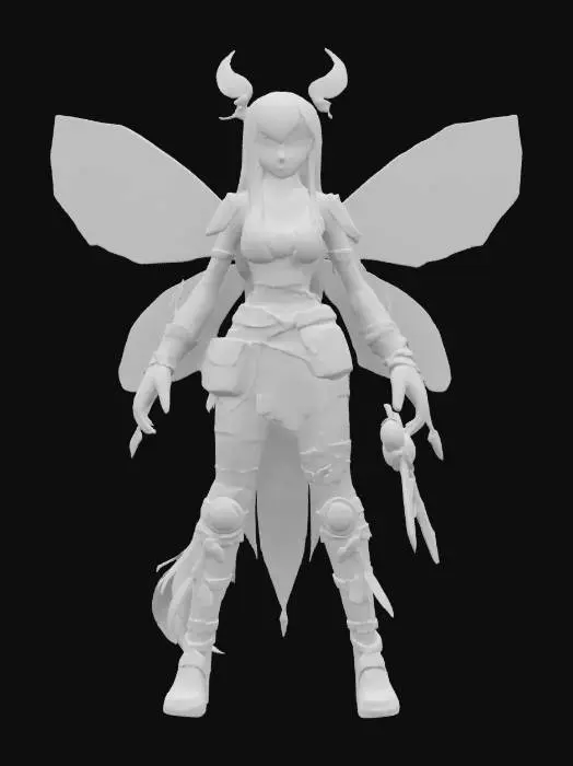 3D model for a teen female faerie. she has pale blue moth wings. she has long straight black hair. her bangs coves one eye and side of her face. she wears leather armor with straps and tools for holding steampunk machine tools. she wears heavy buckled boots. the background is a fantasy workshop. full body view full body. fantasy drawing style., #fairy#