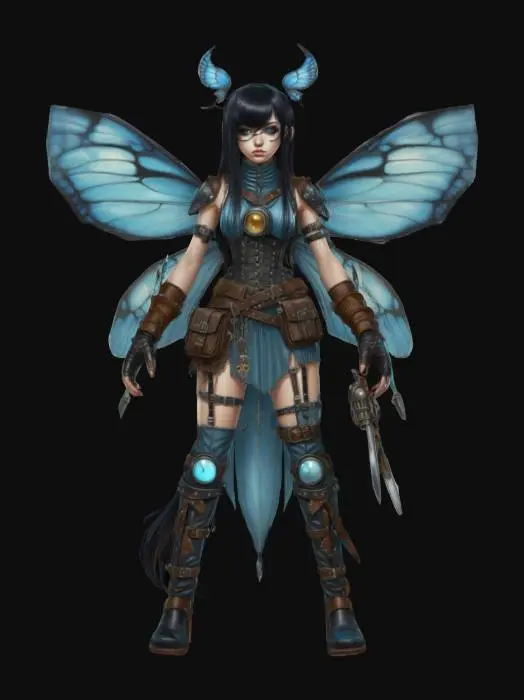 3D model for a teen female faerie. she has pale blue moth wings. she has long straight black hair. her bangs coves one eye and side of her face. she wears leather armor with straps and tools for holding steampunk machine tools. she wears heavy buckled boots. the background is a fantasy workshop. full body view full body. fantasy drawing style., #fairy#