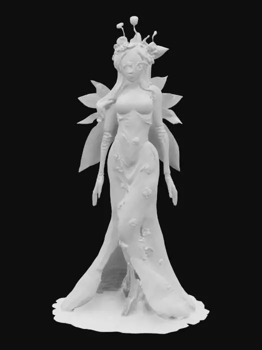 3D model for Alfons Mucha style illustration of a robotic android Goddess of nature full body PURPLE HAIRED GLASSES BEAUTY!, #fairy#