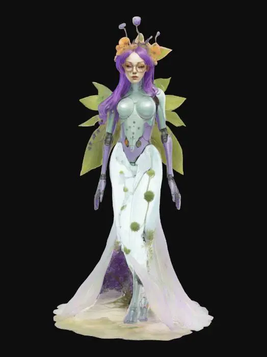 3D model for Alfons Mucha style illustration of a robotic android Goddess of nature full body PURPLE HAIRED GLASSES BEAUTY!, #fairy#