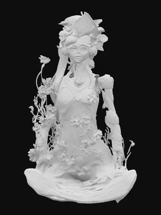 3D model for Alfons Mucha style illustration of a robotic android Goddess of nature full body PURPLE HAIRED GLASSES BEAUTY!, #fairy#