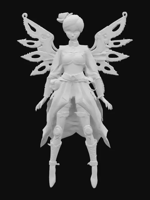 3D model for BJD toy of a female character dressed in a steampunk-inspired outfit with intricate gears, cogs, and metallic elements, serene and expressive face, with delicate features and a calm demeanor, mechanical wings made of intricate metalwork and clockwork parts.  in motion graceful pose, reminiscent of a gravure magazine model, highlighting the dynamic nature of her outfit and the detailed design of her wings, #fairy#