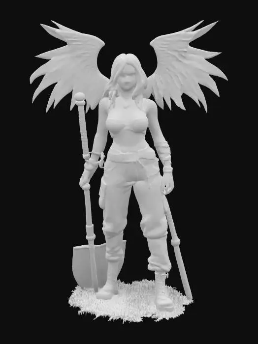 3D model for a one piece style female scientist with a pink tint to her skin with steam coming off with a scar horizontally across her face with green circuits in her right arm and she has black wings and she is holding a pink aura engraved shovel with 2 sheathed swords and a sand cloud around her legs outside a science lab, #fairy#