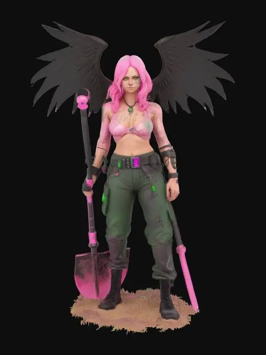 3D model for a one piece style female scientist with a pink tint to her skin with steam coming off with a scar horizontally across her face with green circuits in her right arm and she has black wings and she is holding a pink aura engraved shovel with 2 sheathed swords and a sand cloud around her legs outside a science lab, #fairy#