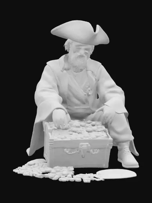 3D model for [Caribbean Sea] An aged pirate sitting alone on a deserted beach, reminiscing about his adventurous past, with a treasure chest beside him and the waves gently lapping at the shore. #AroundTheWorld#