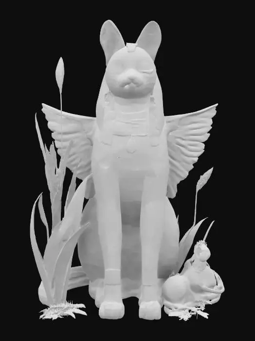 3D model for [Egypt] An artistic portrayal of a cat standing guard at the entrance of a home, symbolizing protection and vigilance, with decorative elements of the Egyptian lifestyle surrounding it. #AroundTheWorld#