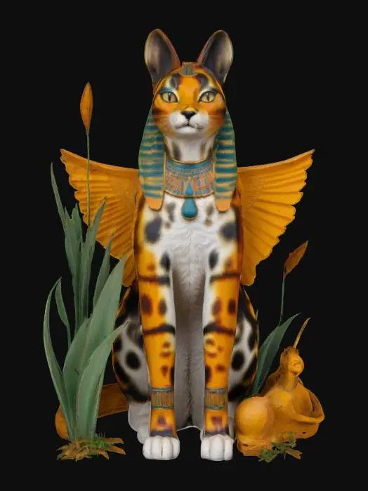 3D model for [Egypt] An artistic portrayal of a cat standing guard at the entrance of a home, symbolizing protection and vigilance, with decorative elements of the Egyptian lifestyle surrounding it. #AroundTheWorld#