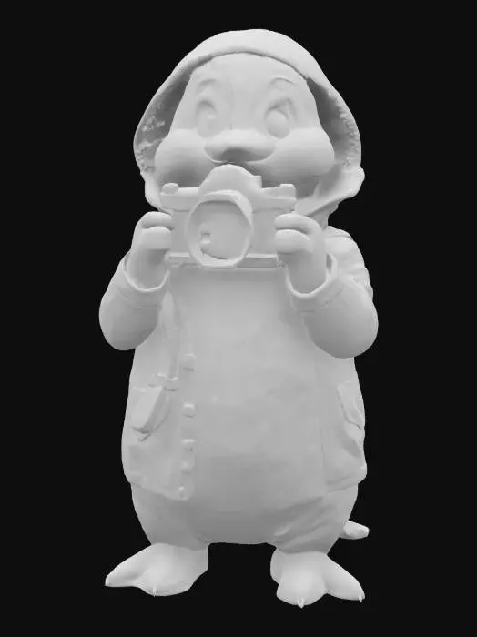 3D model for [Arctic] pixar style penguin journalist character wearing jacket, cute human-like face with a surprised expression, holding a camera #AroundTheWorld#