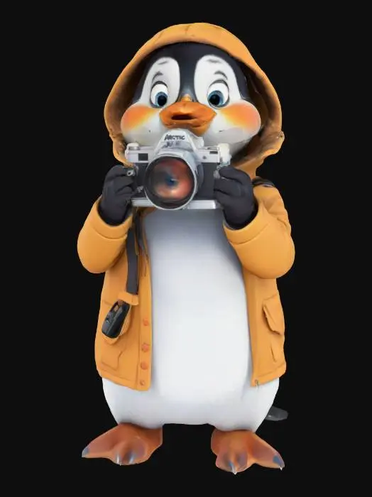 3D model for [Arctic] pixar style penguin journalist character wearing jacket, cute human-like face with a surprised expression, holding a camera #AroundTheWorld#