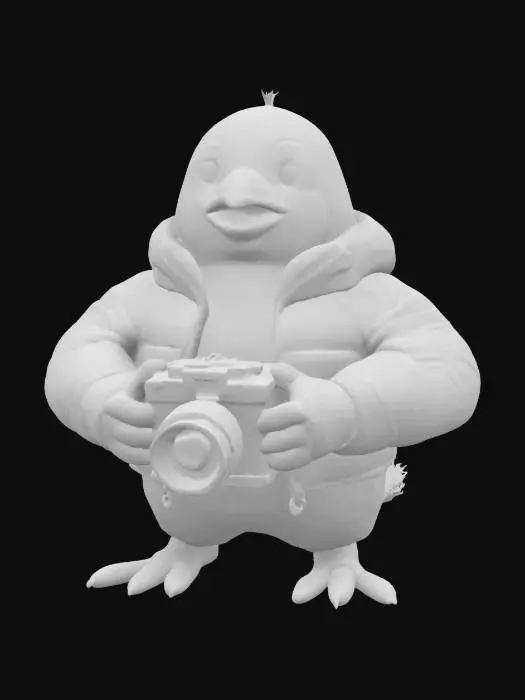 3D model for [Antarctica] pixar style penguin journalist character wearing jacket, cute human-like face with a surprised expression, holding a camera #AroundTheWorld#