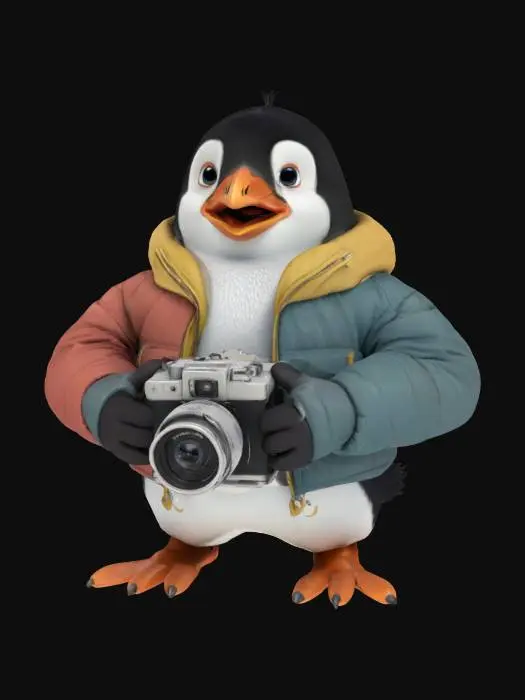 3D model for [Antarctica] pixar style penguin journalist character wearing jacket, cute human-like face with a surprised expression, holding a camera #AroundTheWorld#