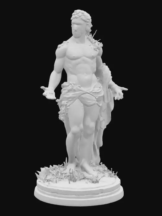 3D model for An energetic david statue overgrown with thorns and flowers, brick and wood, fantasy, the flowers shining and glowing against sun, mid century, medieval, spring #garden#