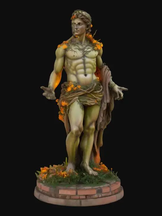 3D model for An energetic david statue overgrown with thorns and flowers, brick and wood, fantasy, the flowers shining and glowing against sun, mid century, medieval, spring #garden#