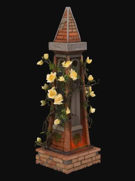 3D model for An energetic obelisk overgrown with thorns and flowers, brick and wood, fantasy, the flowers shining and glowing against sun, mid century, medieval, spring #garden#