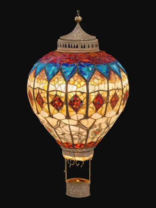 3D model for [Turkey] Enchanting Turkish hot air balloon resembling a shimmering glass lantern, gliding over a mosaic of geometric tiles, #AroundTheWorld#