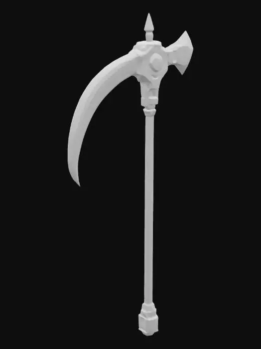 3D model for A retro-gaming inspired futuristic scythe module, ready for robot arm integration. The broad, sharp blade is composed of stacked, faceted green and blue polygons, resembling pixel art in three dimensions. Its hilt and connecting armature are crafted from a slightly textured, metallic-looking material in muted greens, with visible, bold outlines and simplified geometric shapes, characteristic of early console graphics. #arch#