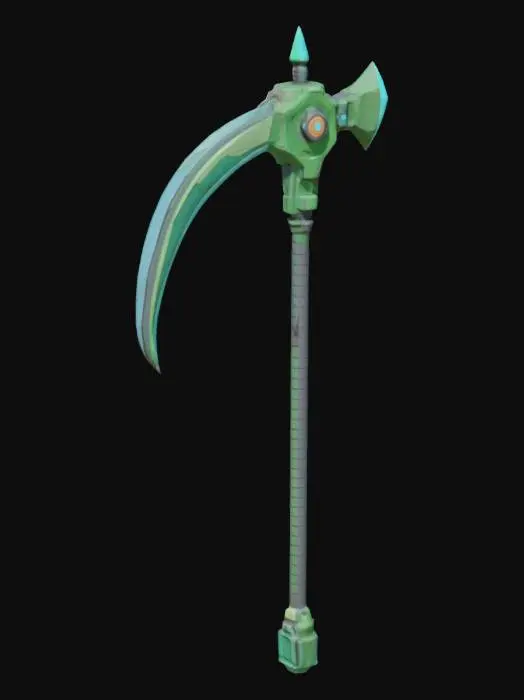 3D model for A retro-gaming inspired futuristic scythe module, ready for robot arm integration. The broad, sharp blade is composed of stacked, faceted green and blue polygons, resembling pixel art in three dimensions. Its hilt and connecting armature are crafted from a slightly textured, metallic-looking material in muted greens, with visible, bold outlines and simplified geometric shapes, characteristic of early console graphics. #arch#