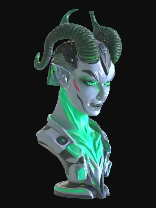 3D model for a futuristic female bust inspired by Ghost in the Shell and Medusa, exaggerated features such as horns that resemble spiraled tentacles, sharp angles face, fierce and otherworldly. glowing neon green highlights certain areas like horns or the eye sockets, bioluminescence, sci-fi, cyberpunk, intricate markings and symbols on head and neck, suggesting some form of ceremonial or technological decoration. high-tech or fantasy-inspired gear, possibly tied to a futuristic or mystical theme. 