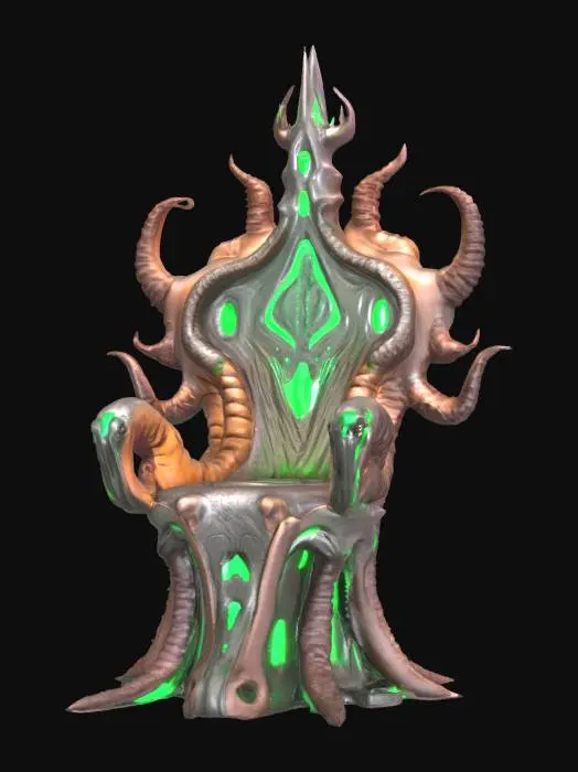 3D model for a futuristic chair inspired by Ghost in the Shell and Medusa, exaggerated features such as spiraled tentacles horns, sharp angles, fierce and otherworldly, flesh-toned mix ashen bio-skin, glowing neon green highlights certain areas, bioluminescence, sci-fi, cyberpunk, intricate markings and symbols, ceremonial or technological deco, high-tech or fantasy-inspired gear, futuristic or mystical theme