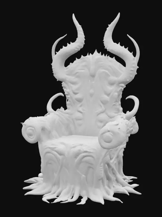 3D model for a futuristic chair inspired by Ghost in the Shell and Medusa, exaggerated features such as spiraled tentacles horns, sharp angles, fierce and otherworldly, pale alien-like bio-skin, glowing neon green highlights certain areas, bioluminescence, sci-fi, cyberpunk, intricate markings and symbols, ceremonial or technological deco, high-tech or fantasy-inspired gear, possibly tied to a futuristic or mystical theme. 