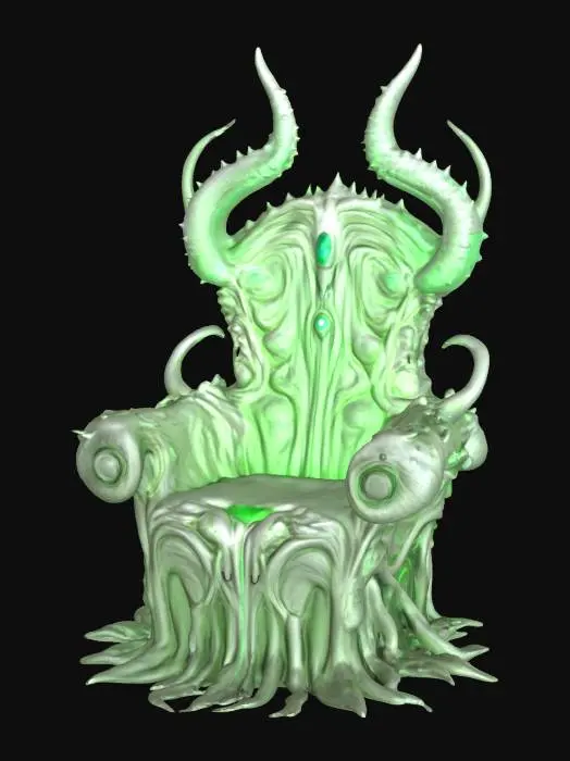 3D model for a futuristic chair inspired by Ghost in the Shell and Medusa, exaggerated features such as spiraled tentacles horns, sharp angles, fierce and otherworldly, pale alien-like bio-skin, glowing neon green highlights certain areas, bioluminescence, sci-fi, cyberpunk, intricate markings and symbols, ceremonial or technological deco, high-tech or fantasy-inspired gear, possibly tied to a futuristic or mystical theme. 