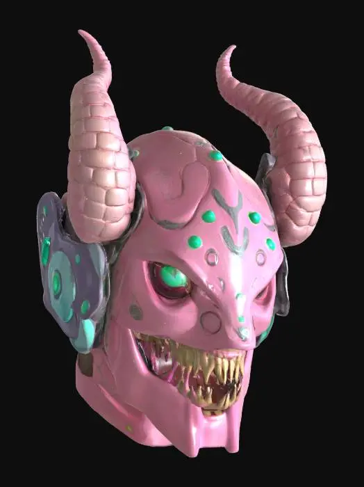 3D model for a futuristic helmet inspired by Ghost in the Shell and Medusa, exaggerated features such as spiraled tentacles horns, sharp angles, fierce and otherworldly, pale pink alien-like bio-skin, glowing neon green highlights certain areas, bioluminescence, sci-fi, cyberpunk, intricate markings and symbols, ceremonial or technological deco, high-tech or fantasy-inspired gear, futuristic or mystical theme
